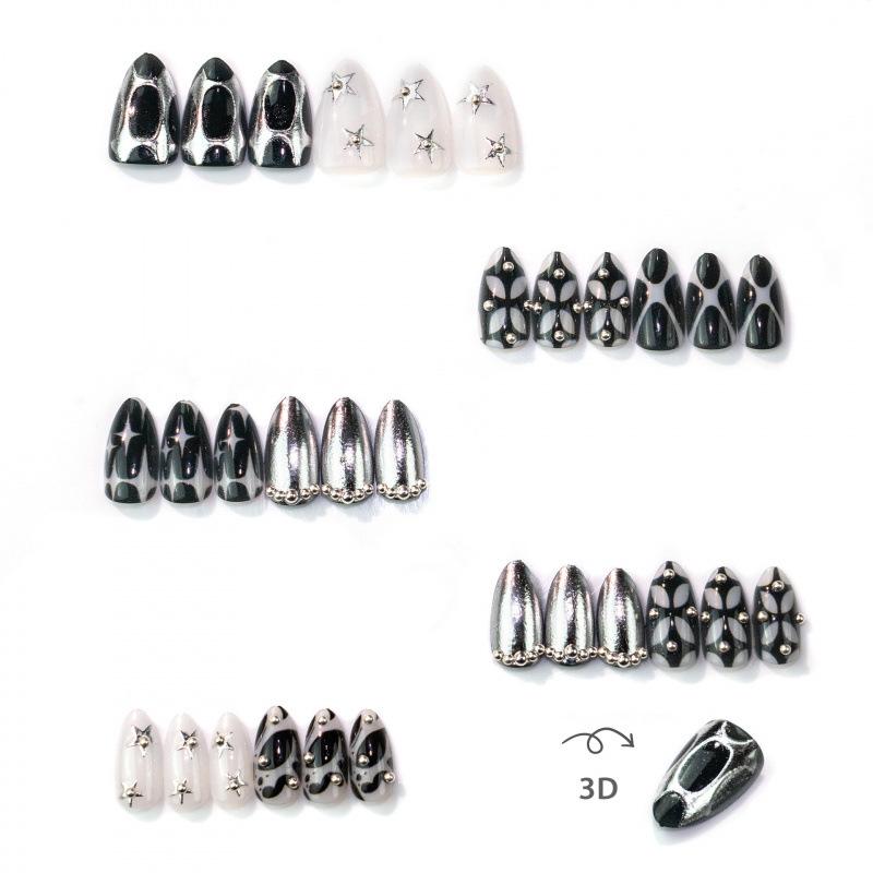 30Pcs Daily Dark Punk Almond Press On Nails, Star Gold Foil Silver Line Cool Stylish Finished False Nail Tips