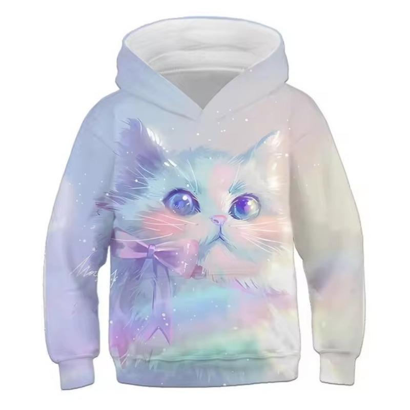 Hoodies Cute Kitten Flowers Print Girls Sweatshirt Stretch Comfortable Fit Long Sleeve Autumn Winter Pullover Tops Youth Kids