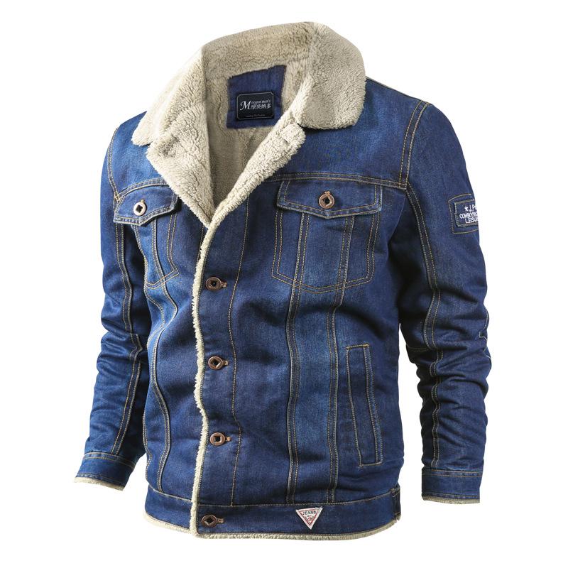 Men's Winter Fleece-Lined Denim Jacket - Loose Fit, Turn-Down Collar, Plus Size