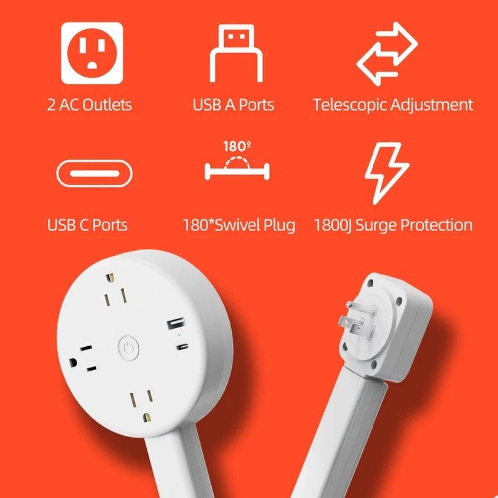 Verstellbarer Stromsteckdosen-Verlängerer 180° drehbar Dehnbarer Stecker Steckdosen-Verlängerer 2 AC USB-A&C Flachstecker