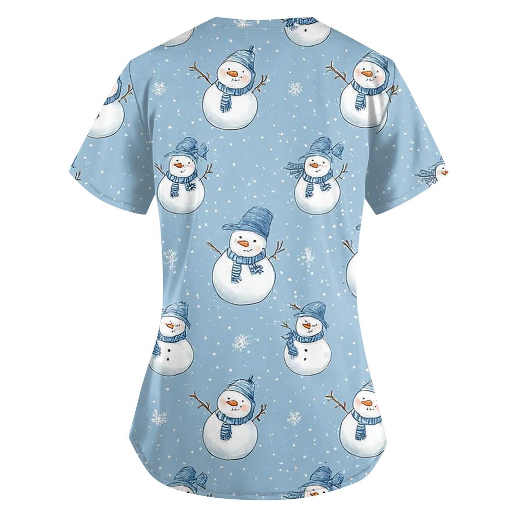 Plus SizePrinted Scrub Working Uniform Tops For Women's Cross V-Neck Print Short Sleeve Fun T-Shirts Workwear Tee With Pockets