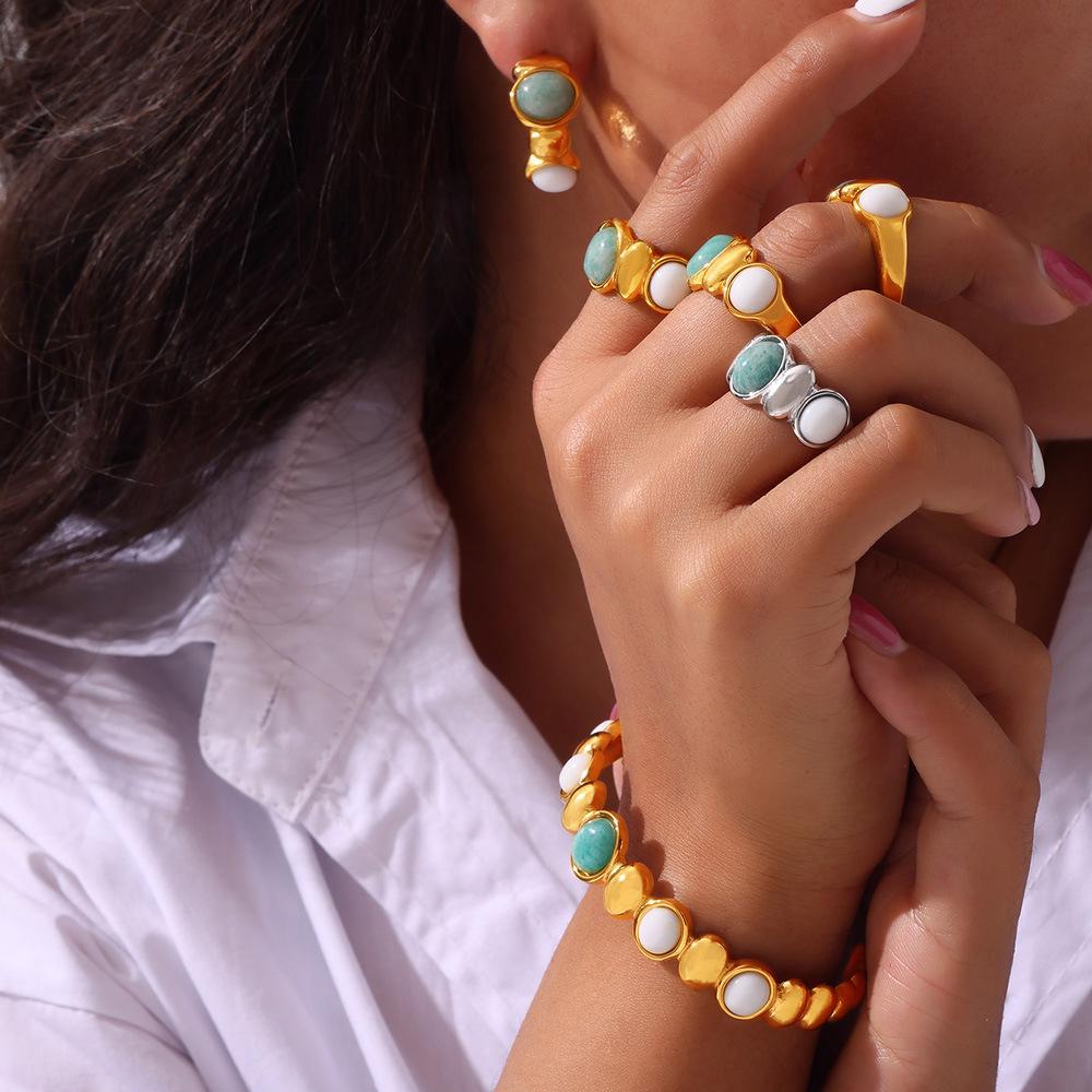 Retro Oval Stone Open Bangle & Gold-Plated Titanium Steel Earring Set for Women