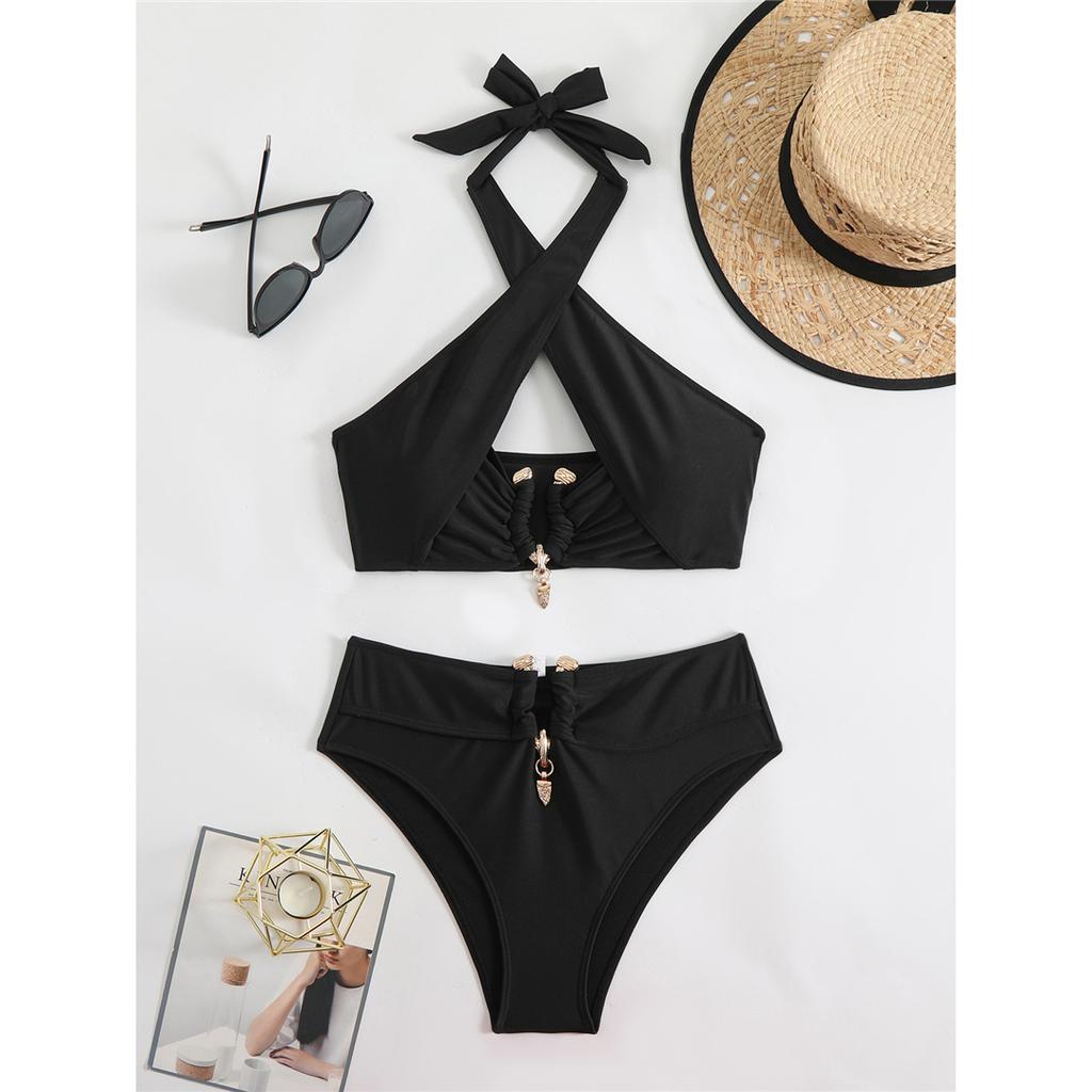 2025 Halter Cut Out High Waist Bikini Female Swimsuit Women Swimwear Two-pieces Bikini Set Padded Bather Bathing Suit Swim V6256