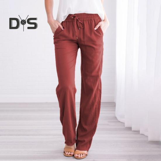 Damen Freizeithose, elastischer Kordelzug in der Taille, lange Hose mit Taschen, einfarbig, lockere Passform, Hose mit weitem Bein