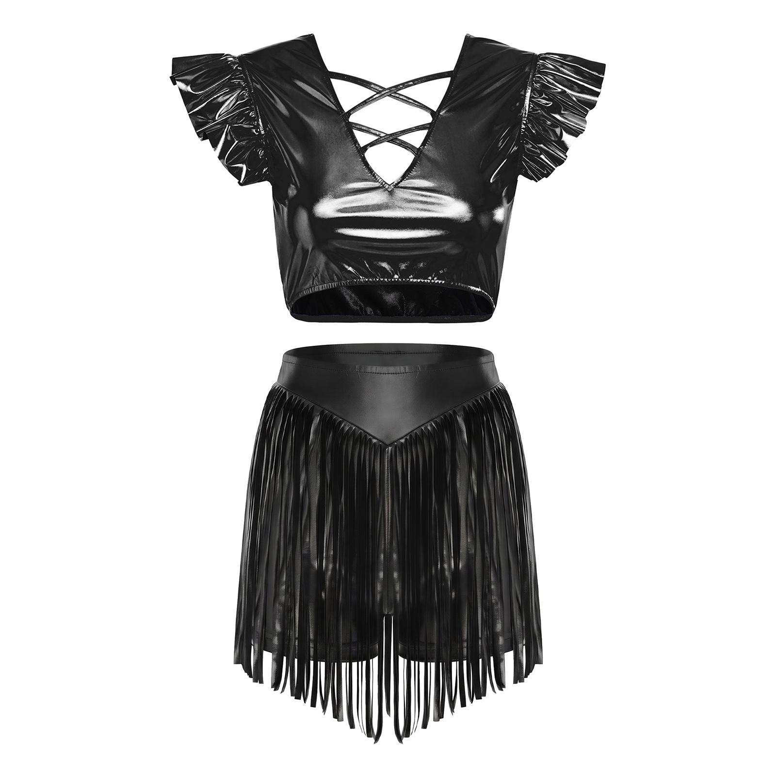 

Womens Rave Shiny Outift Iridescent Metallic Dance Crop Top High Waist Tassel Hot Pants Shorts S чорний
