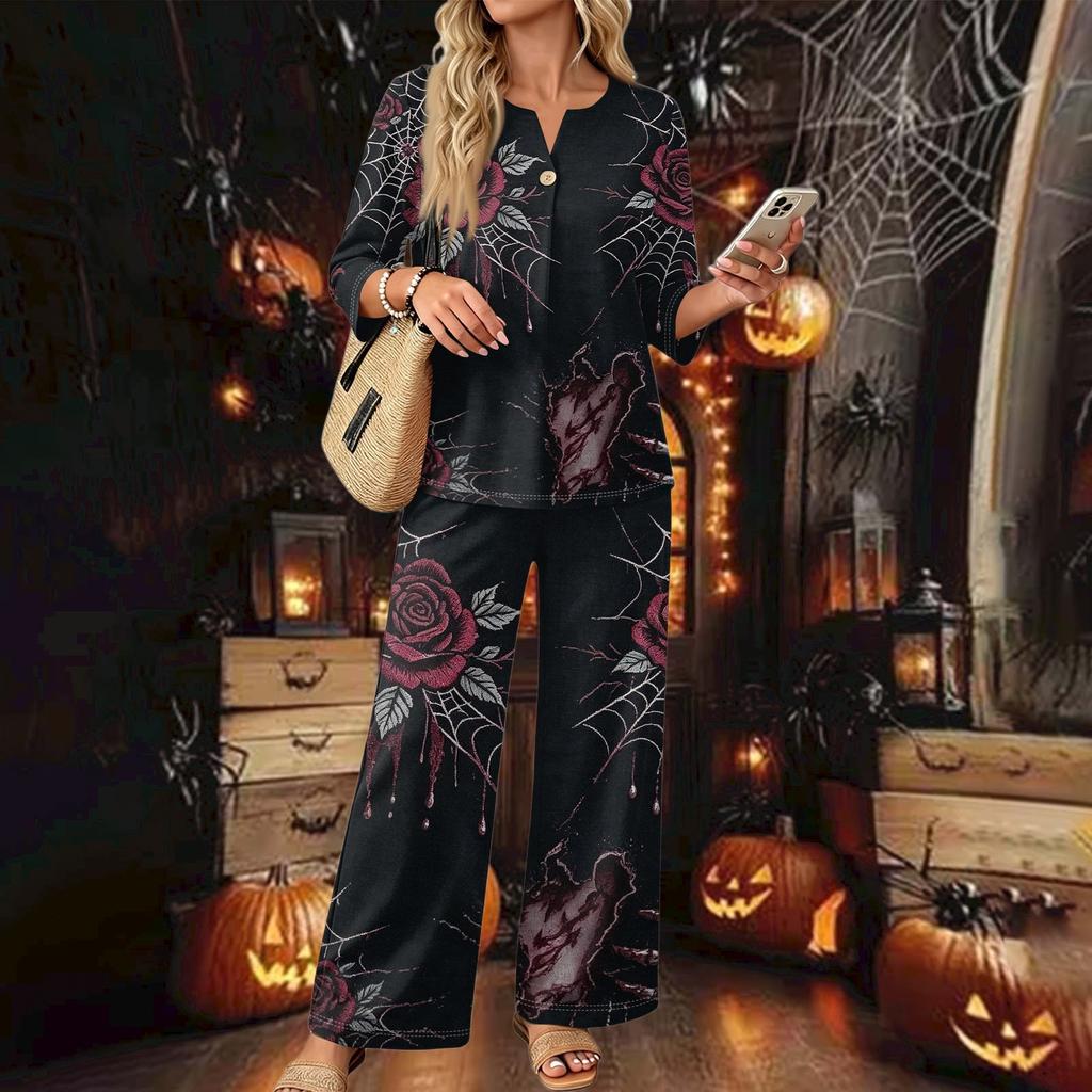 Women's Casual Button Down 3/4 Sleeve Top and Wide Leg Pants Two Piece Set