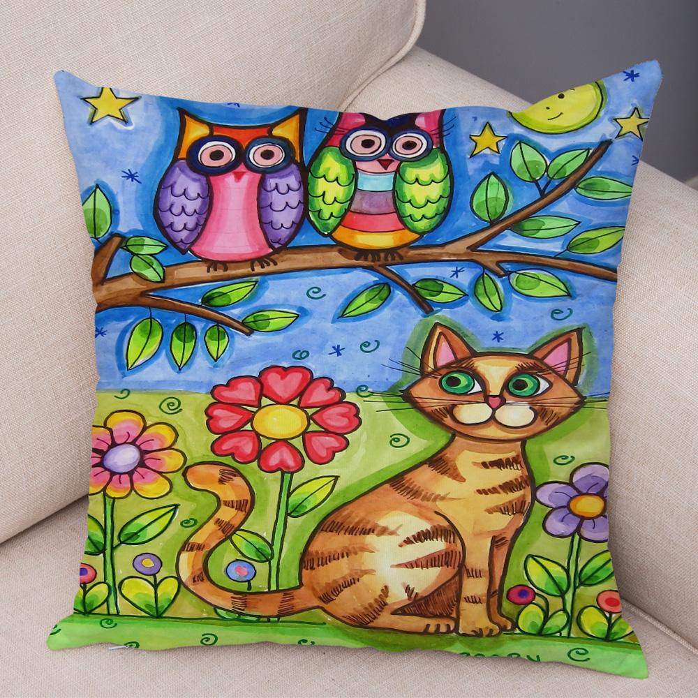 Children Oil Painting Art Cushion Cover Both Sides Plush Pillow Case Decor Cartoon Plant Throw Pillowcase for Sofa Home Car