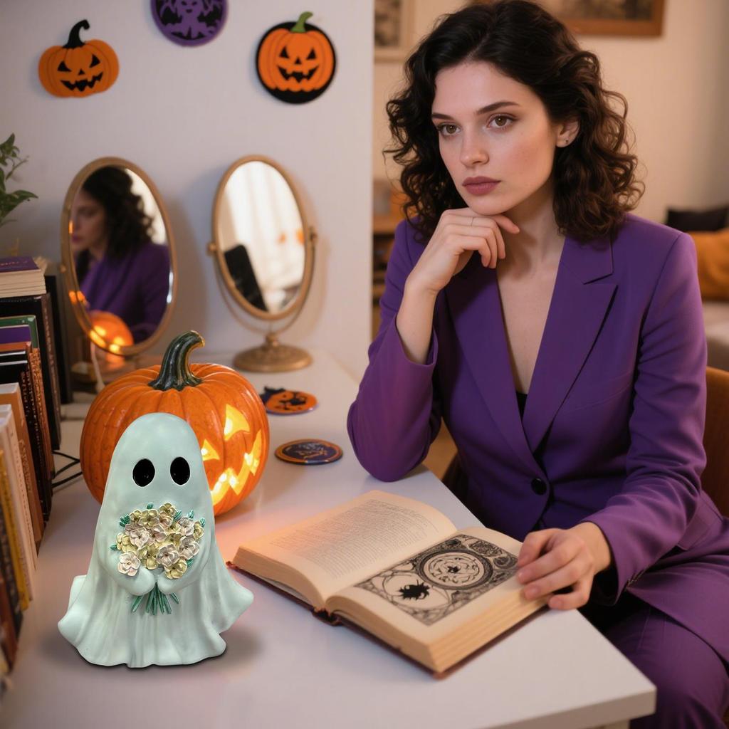 Ghost Figurine 7.87-Inch Resin Ghost Figurine with Flowers Halloween Ornament Desktop Warm Decoration for Home Entryway Cabinet