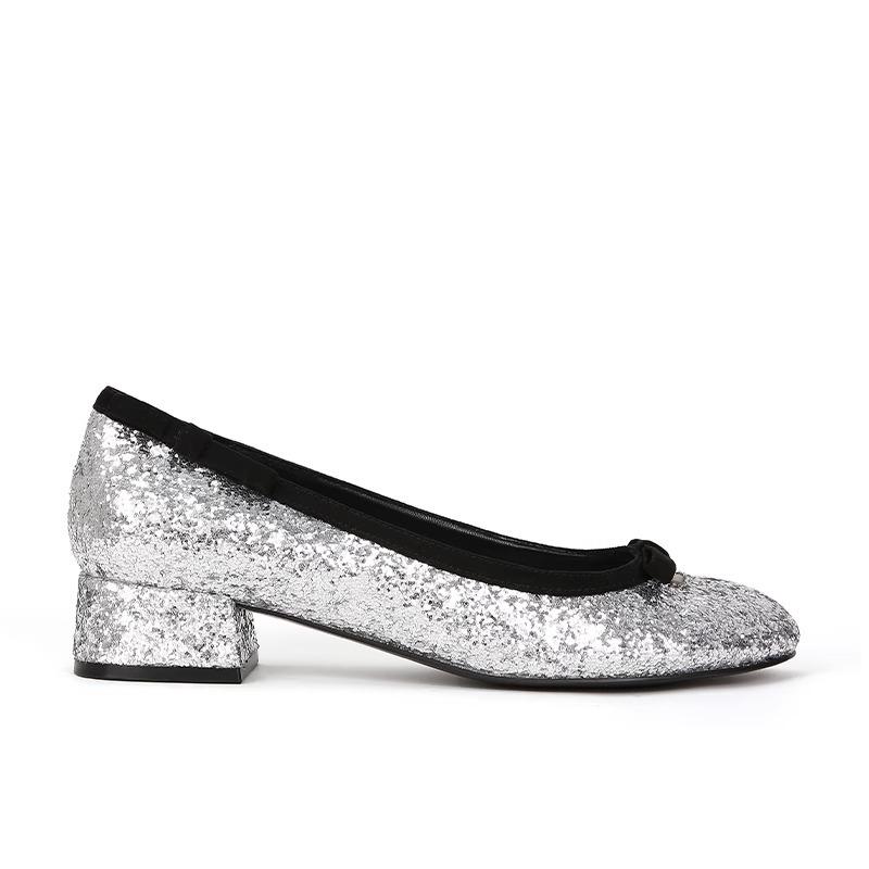 

Версия из овчины~ Тупоносые туфли-лодочки на толстом каблуке с бантиком, женские балетки с цветовой блокировкой 40 серебряный