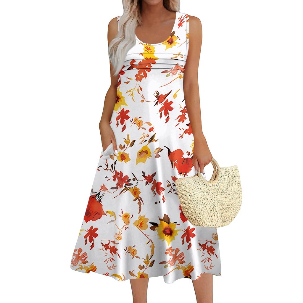 Women's Fashion Round Neck Sleeveless Pleated Beach Dress With Pockets Long Floral Dresses