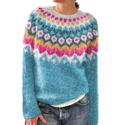 Women Sweater Round Neck Long Sleeve Patchwork Color Knitting Tops Loose Hem Printed Knitwear Winter Wear
