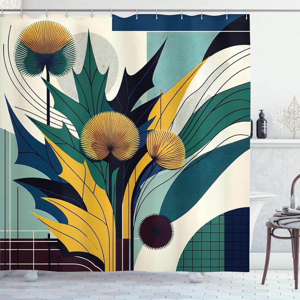 Floral Eucalyptus Shower Curtain, Abstract Leaves And Thistles Modern Geometric Scandinavian Details, Cloth Fabric Bat