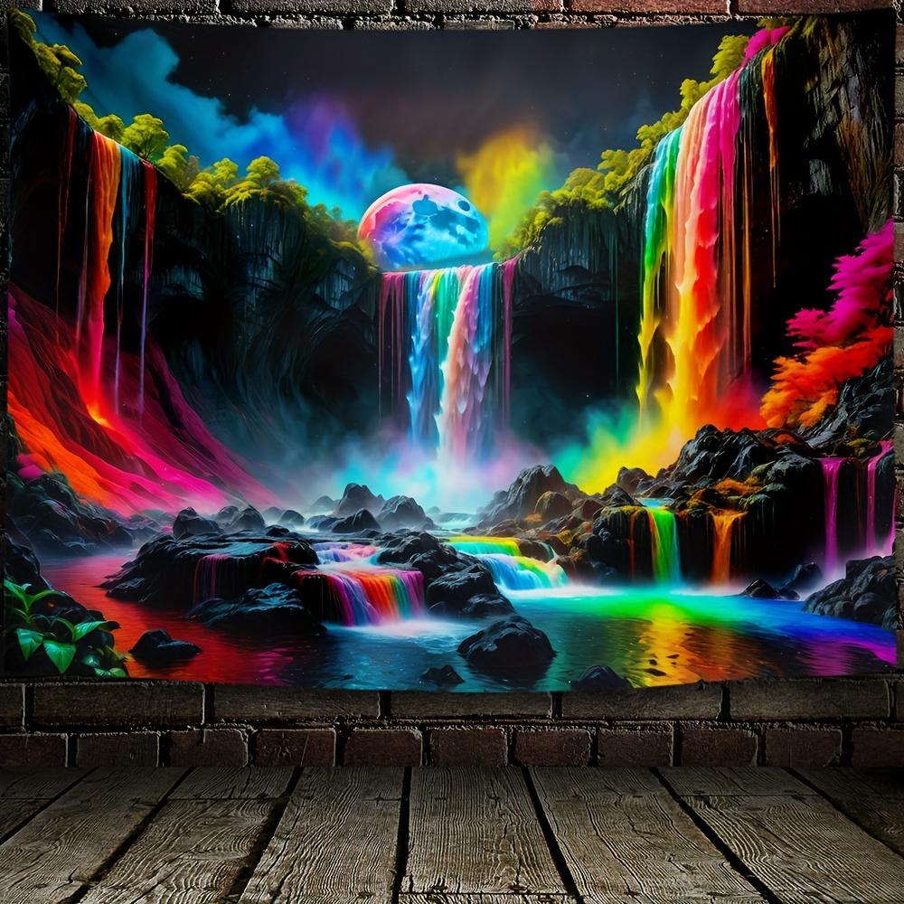 1 waterfall and rainbow forest night fluorescent tapestry,  natural landscape polyester ultraviolet black light tapestry