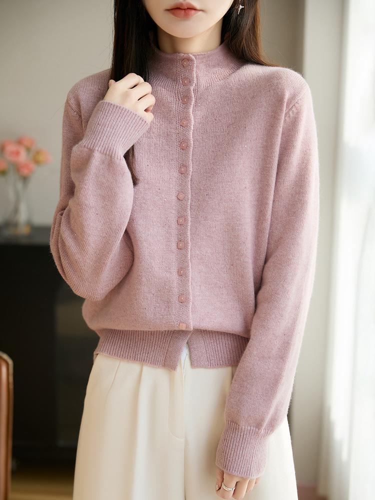Women's Stand Collar Knit Cardigan with Sequin Yarn and Buttons - Long Sleeve, Versatile, Casual Loose-Fit Sweater Top