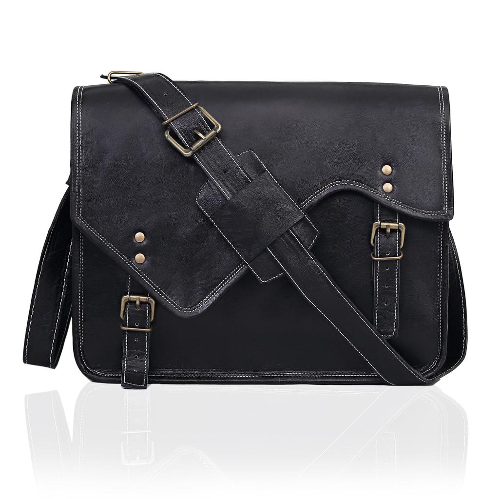 Leather Messenger Bag: 15" Black Laptop Shoulder Satchel Crossbody Gift for Men and Women