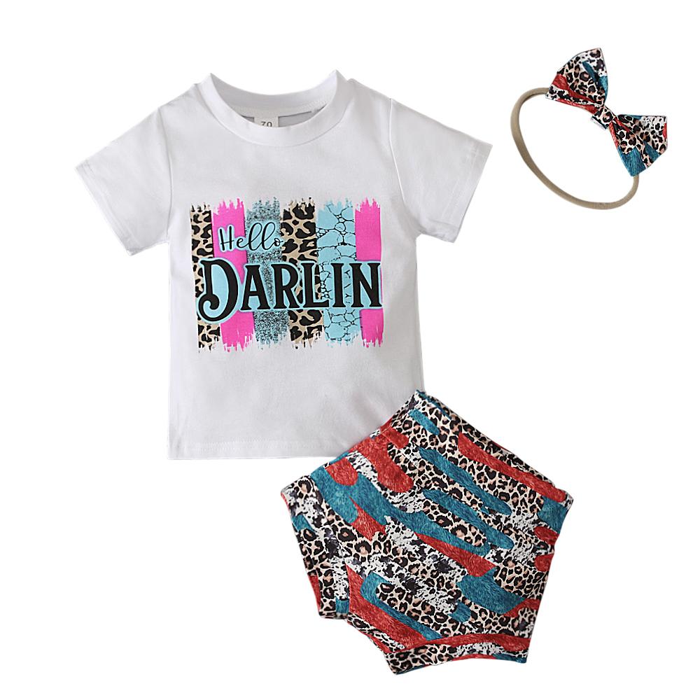 

Літня футболка для дівчаток + шорти з леопардовим принтом + пов язка для волосся 3 ШТ. Одяг Одяг для 0-24 місяців 100