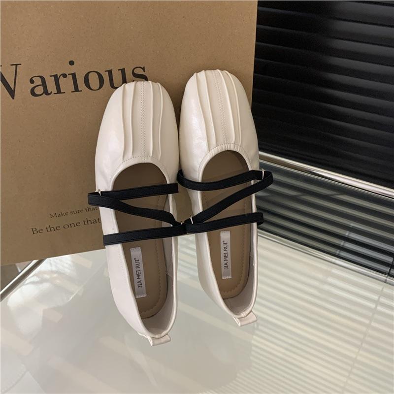 Sheepskin version! Retro pleated ballet Mary Jane shoes women's cross strap niche flat bottom square head with skirt single shoes