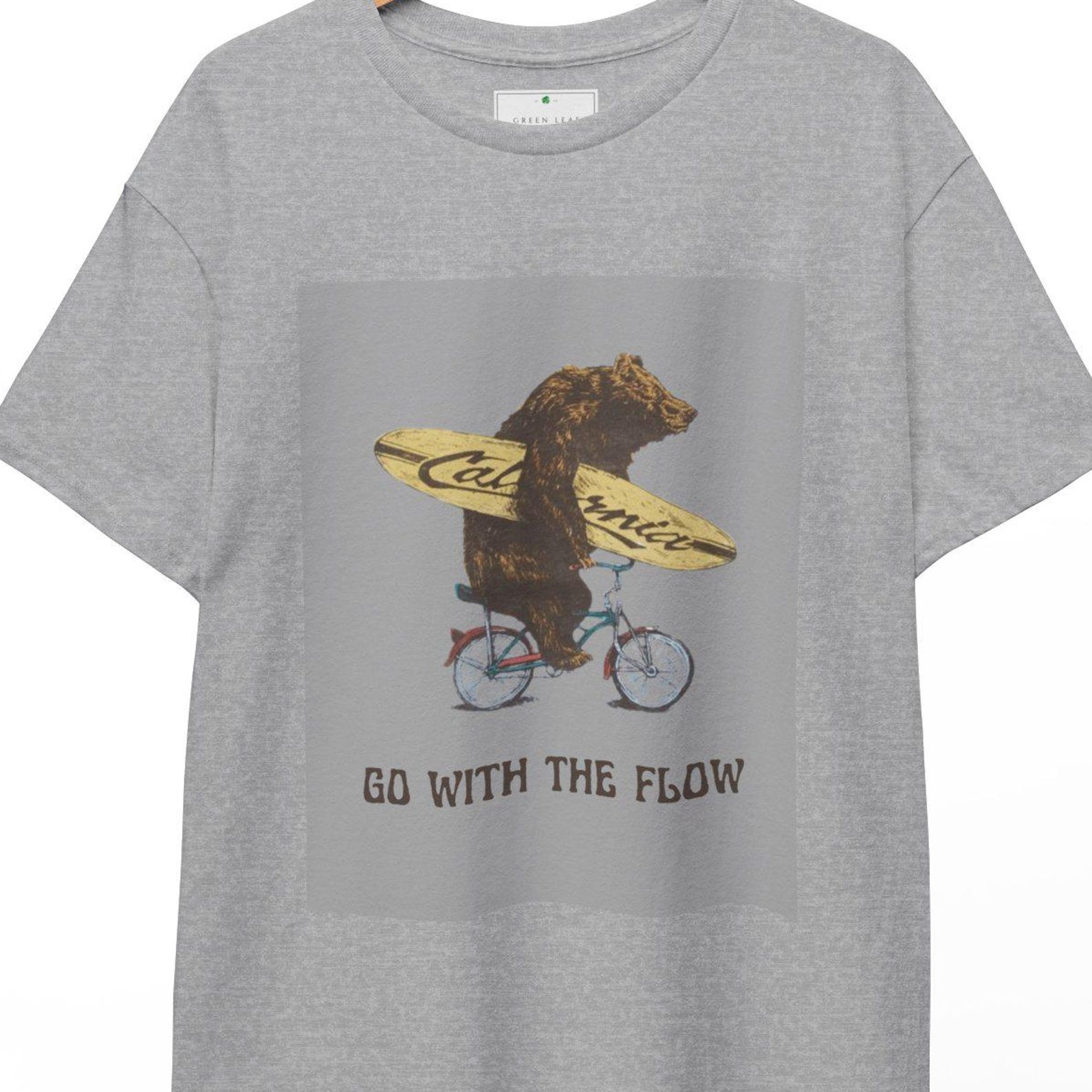 T shirt for men and women | Bear Riding Bike with Surfboard T-Shirt | Go With The Flow, Retro Surf Graphic 2XL