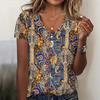 Spring Summer New Plus Size Women's Top, Ethnic Print V-Neck T-shirt, Crossborder European American Casual Tee