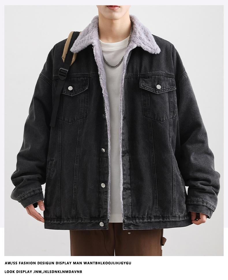 2025 Men's Autumn/Winter Denim Jacket with Faux Rabbit Fur Collar, Cotton Texture, Fleece-Lined, Washed Finish.
