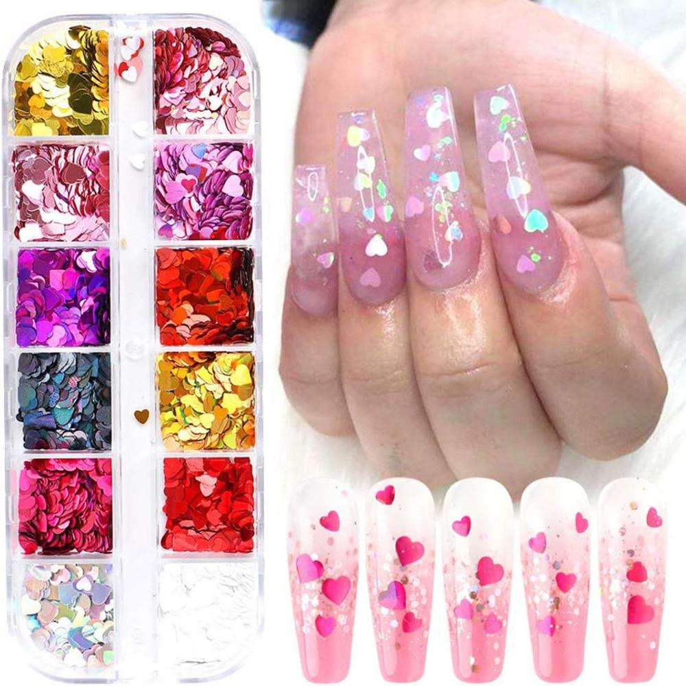 12Grids 3D Mini Heart/Star Nail Glitter Sequins 1mm Holographic Love Pentagram Flakes Sparkling Nail Art Decorations Paillettes