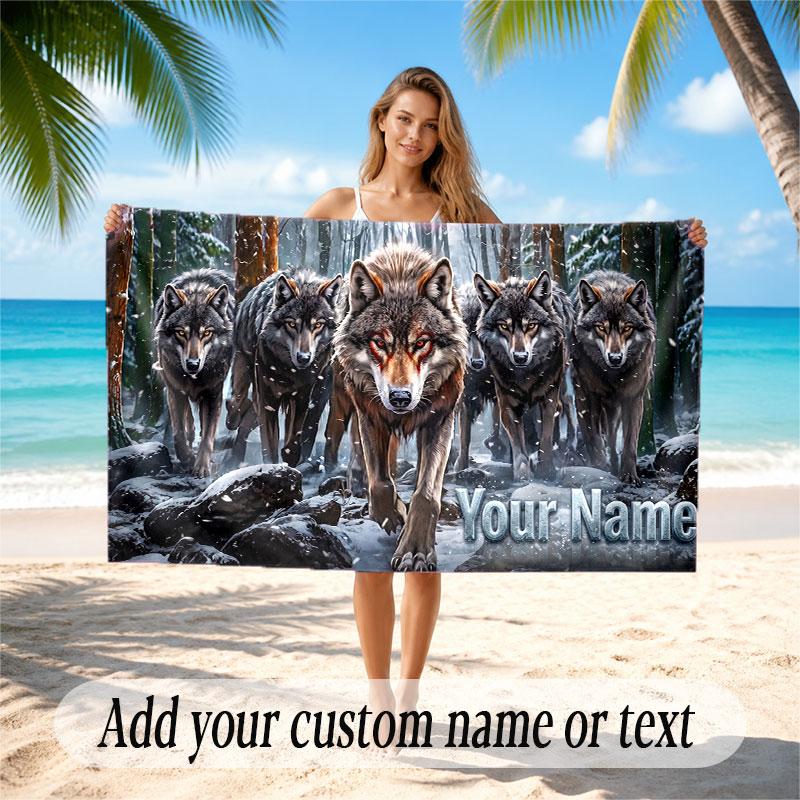 Wolf Theme Beach Towel Personalized Custom Name & Text Soft Quick Dry Beach Towel for Swimming Travel