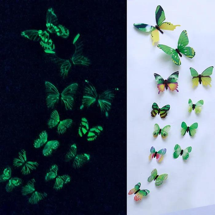 12Pcs/Set Luminous Butterfly Wall Stickers Sala de estar Borboletas para decoração de festa de casamento Casa 3D Geladeira Decalques Papel de parede