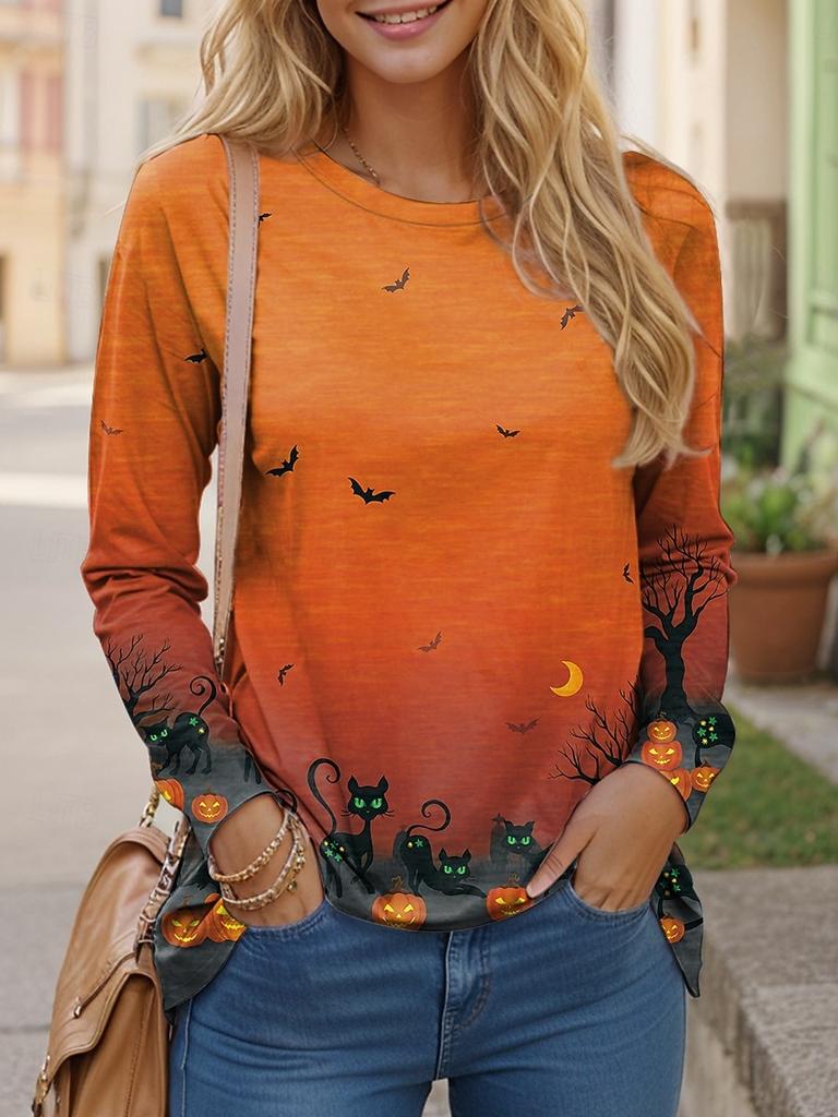 Plus Size Women's Long-sleeved Daily Casual Home Clothing, Cat Print Is Comfortable, Recommended for Women In Autumn and Winter