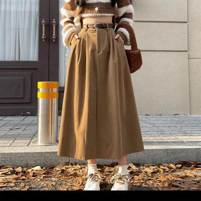 Koreanische frauen Braun Rock Herbst Winter Hohe taille Cord Langen Rock Damen College Stil Plissee A-linie Röcke