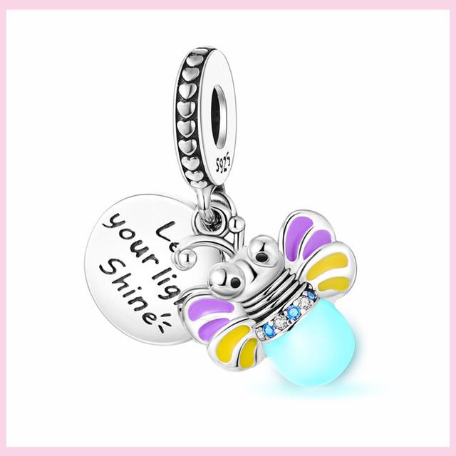 925 серебряных бусинок с голубыми глазами, светящихся в темноте, подвесок-светлячков для браслета, подвесок, ювелирных изделий