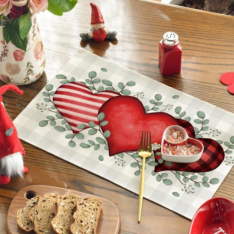 Valentine's Day Placemat Heart Pattern Linen Placemats Love Theme Romantic Desktop Protector Mat for Kitchen Dining