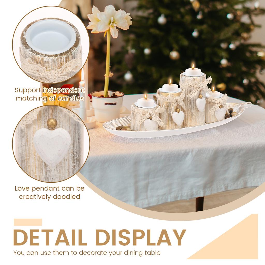 Kerzenständer aus Holz Teelichthalter Kerzenständer Set 3/4 Stück Teelichthalter mit Tablett und dekorativen Kieselsteinen zur Heimdekoration