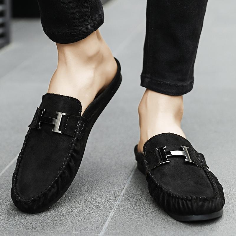 2025 New Men's Slippers Leather Summer Flat Bottom Outdoor Non Slip Comfortable Luxury Trendy Set Wearing Half Slippers 39-44