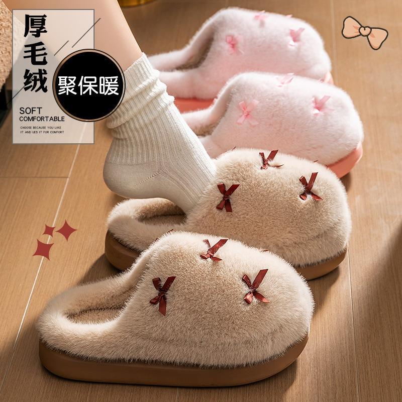 Bow cotton slippers women's autumn and winter wear new fashion girl warm plush cotton mop