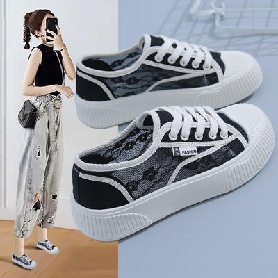 Summer Versatile White Shoes for Women Ins Trendy Casual Lace Thick Bottom Transparent Mesh Surface Shoes Women