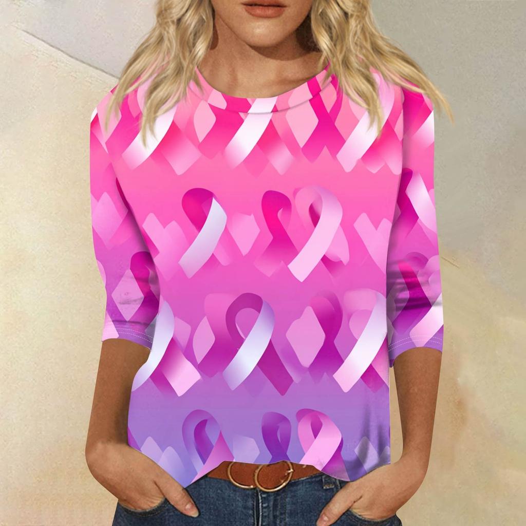 Women's Fashion Casual Seven Split Sleeve Printed Loose Round Neck Top