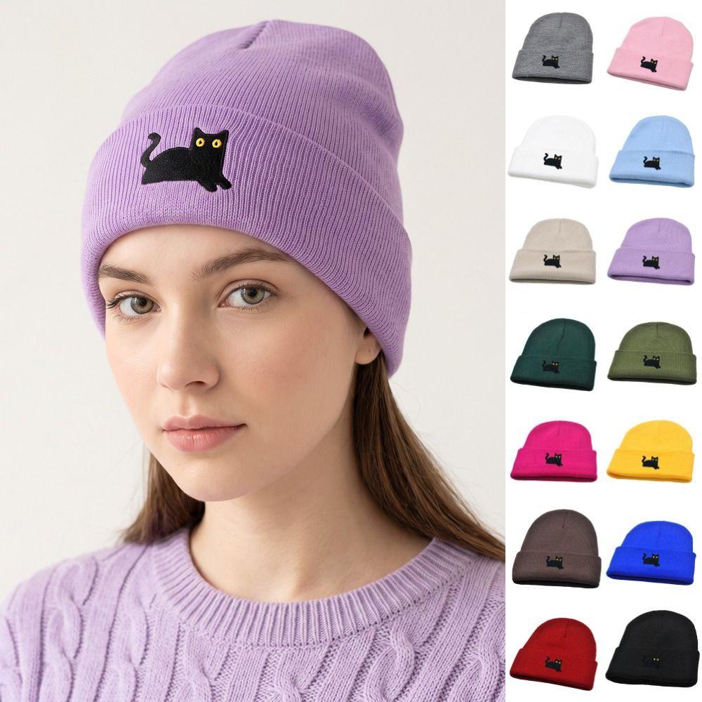 Warm Embroidered Cat Knitted Hat Cute Knit Cap Retro Winter Caps  Winter