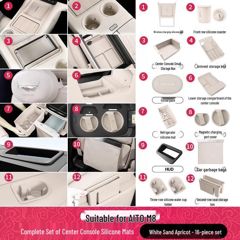 AITO M8 Center Console Cup Holder Wireless Charger & Armrest Storage Silicone Car Interior Decor.