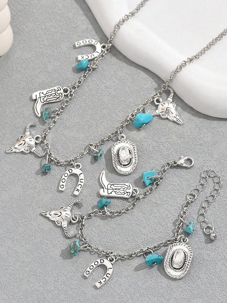 2pcs/Set Antique Western Cowboy Style Elements Turquoise Fashion Casual Cowboy Hat Boots Cow Head Charm Women's Retro Necklace Bracelet