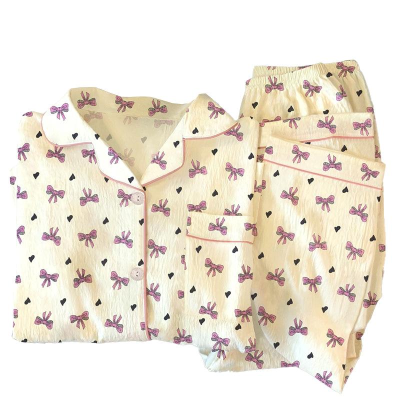 Girl Sweet Long-Sleeved Pajamas Women'S Spring Bow Trousers Lazy Loungewear Can Be Worn Outside Set