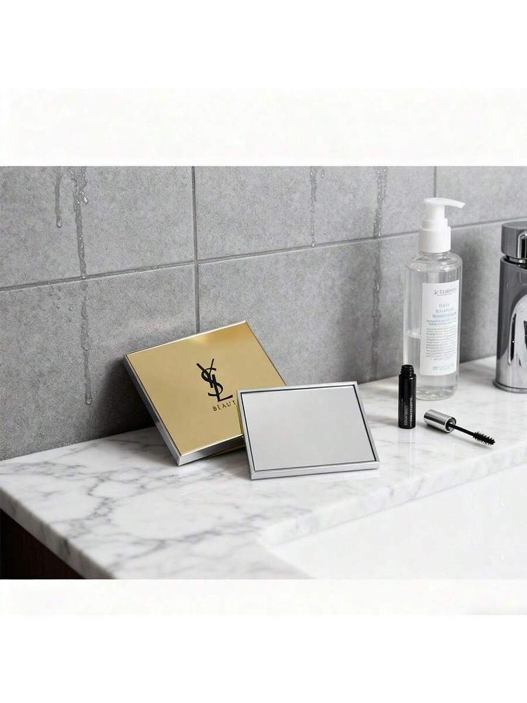 YSL tragbarer goldener einseitiger Schminkspiegel, mit schwarzem glänzendem Lederetui, Geschenk für Mädchen und Frauen.