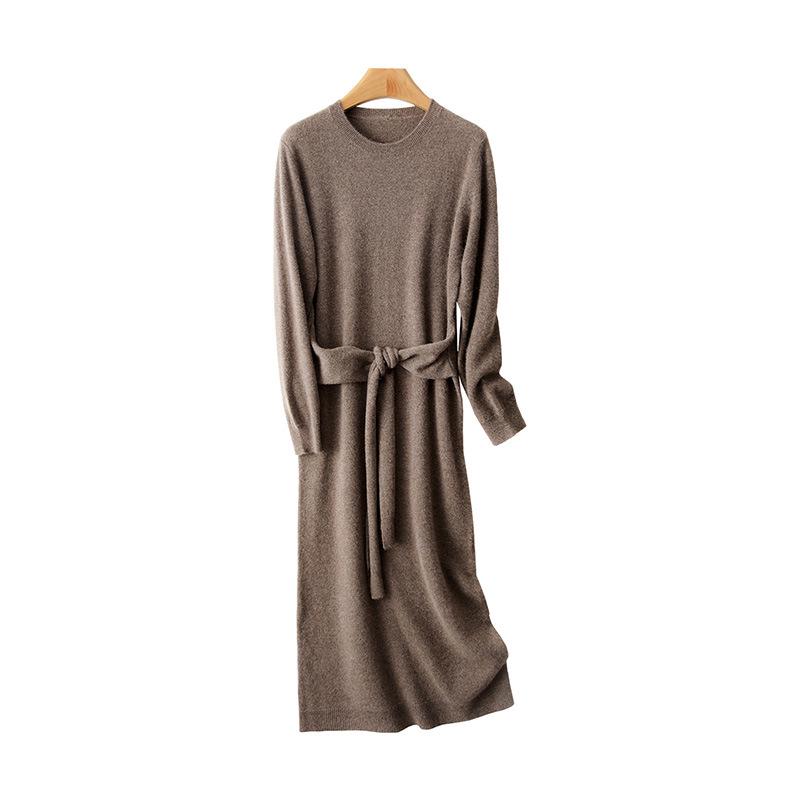 2025 Autumn/Winter Pure Wool Women's Long Knit Dress with Belt & Round Neck
