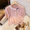 Lace Bow Short Sleeve Knitted Sweater Women's Summer Premium Bead Splicing Shoulder Top