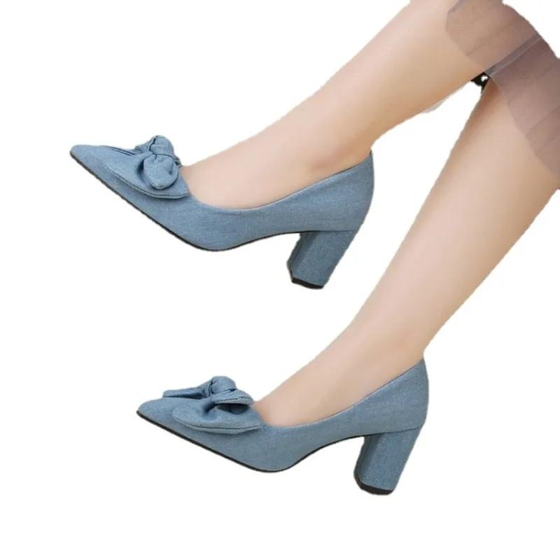 2024 Shoes Women Flock Square Med Heel Platform Women Pumps  Pointed Toe Fashion Ladies Wedding Woman Shoes 35-42