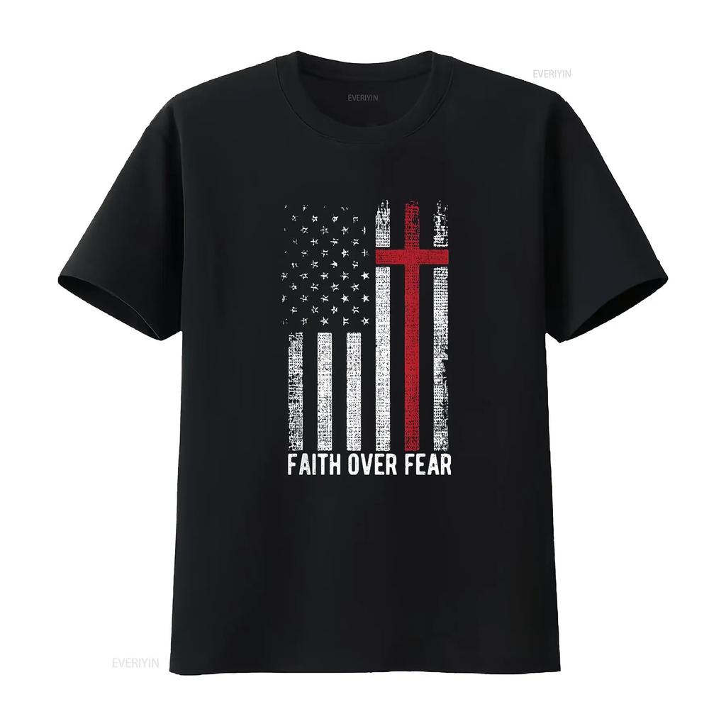 Womens Faith Over Fear American Usa Flag Christian Cross Jesus T Shirt Black 2XL vintage Washed Casual Top For Everyday Wear