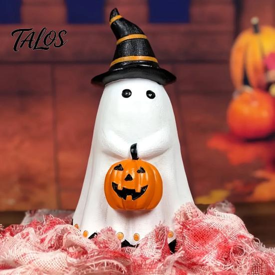 Spooky Ghost Decoration Halloween Figurine, Cute Wearing Hat And Holding Cool Patterns Pumpkin Statue, Resin Ornament for Shelf Tabletop Decor