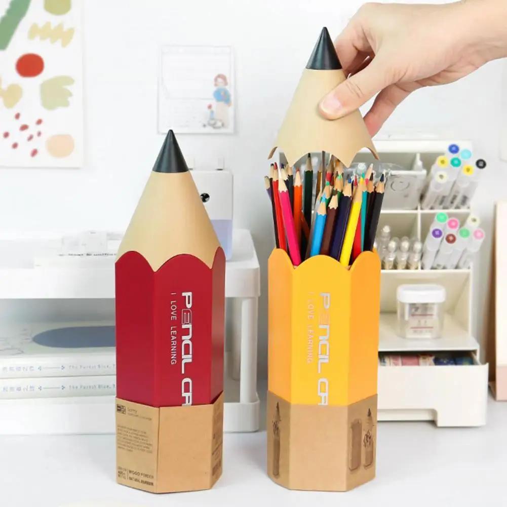 Pencil Shaped Storage Box Student Creative Pen Holder Desktop with Cover Dust-proof Stationery Pen Holder Makeup Brush Holder
