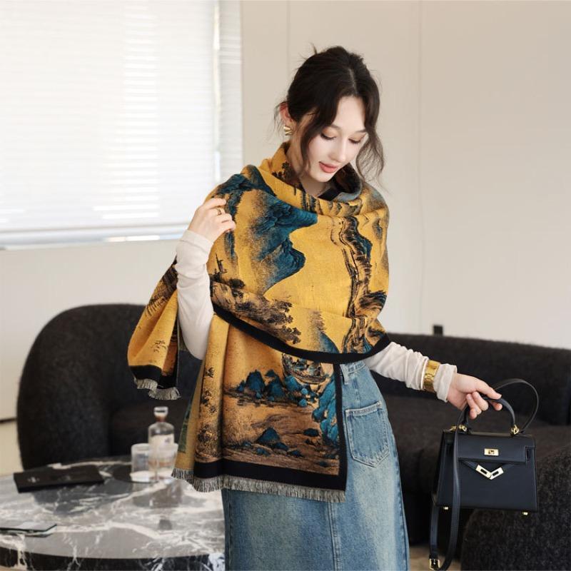 Thousands of miles of Jiangshan new thickened shawl autumn and winter double-sided jacquard scarf women's high-end warm versatile scarf