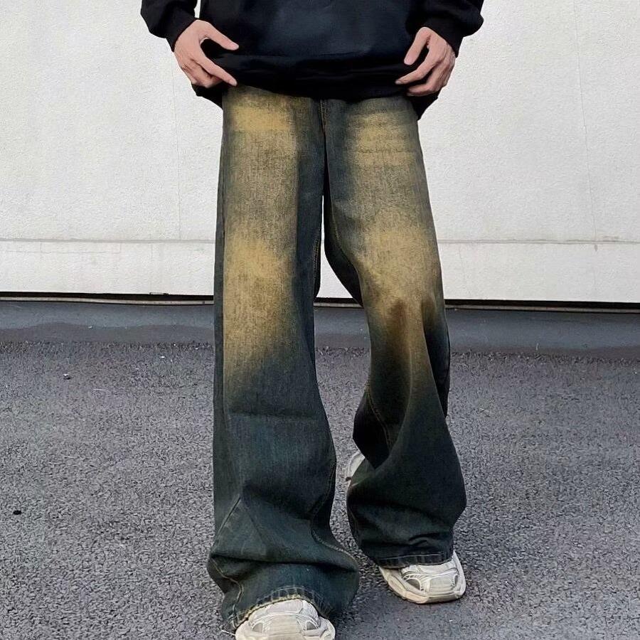 Men's High Street Retro Oversized Distressed Gradient Wide-Leg Jeans