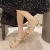 Fashion 2025 Fashion Women's Slippers Square Heel One Kick Sexy Bow Tie Women Sandals Pearl Banquet Extra-shaped Heel Sandalias De Mujer